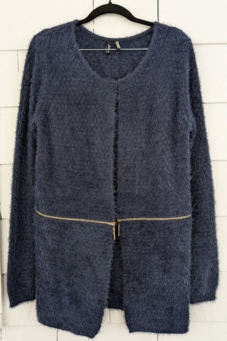 Ravel Women's Sz Small Fuzzy Cardigan Sweater ~Long Sleeve Zip Off Bottom - Blue